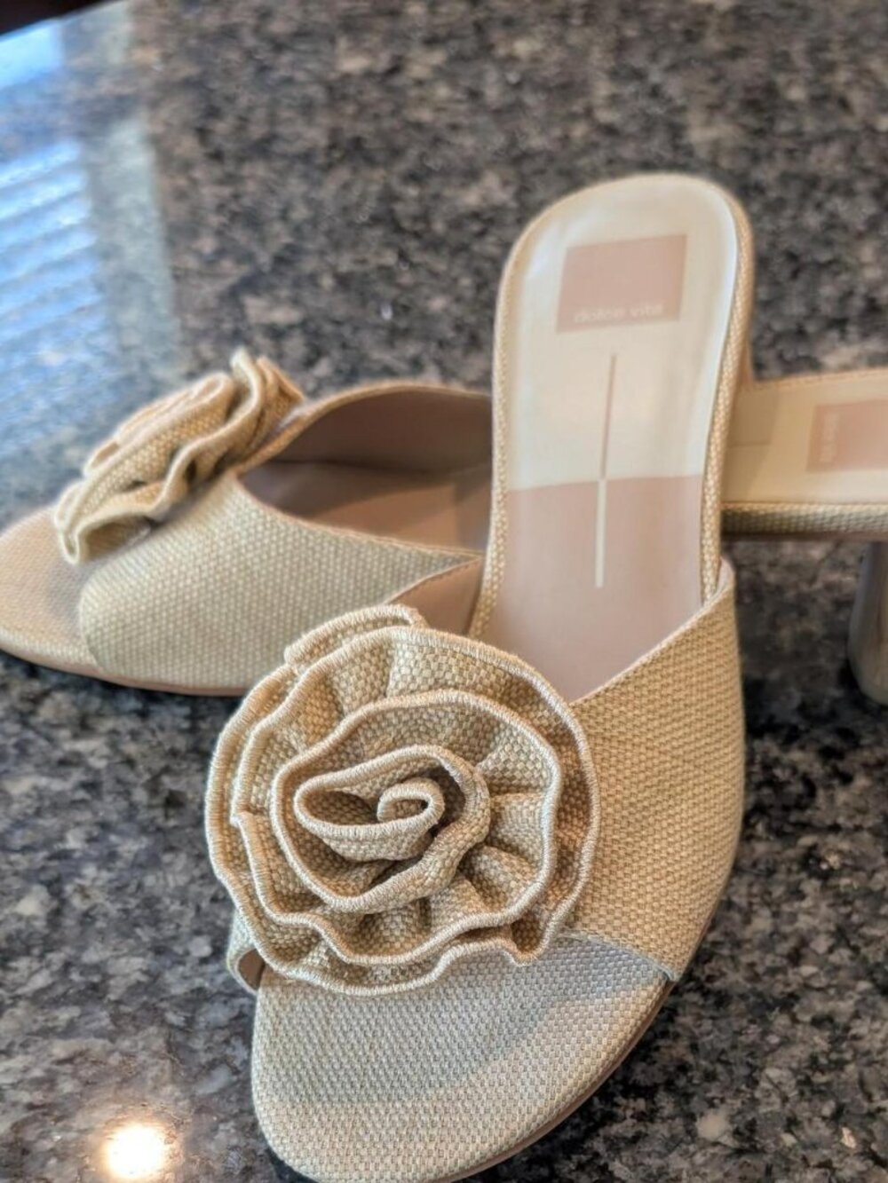 Dolce Vita Natural Raffia Floral Rosette Block Heel Mules